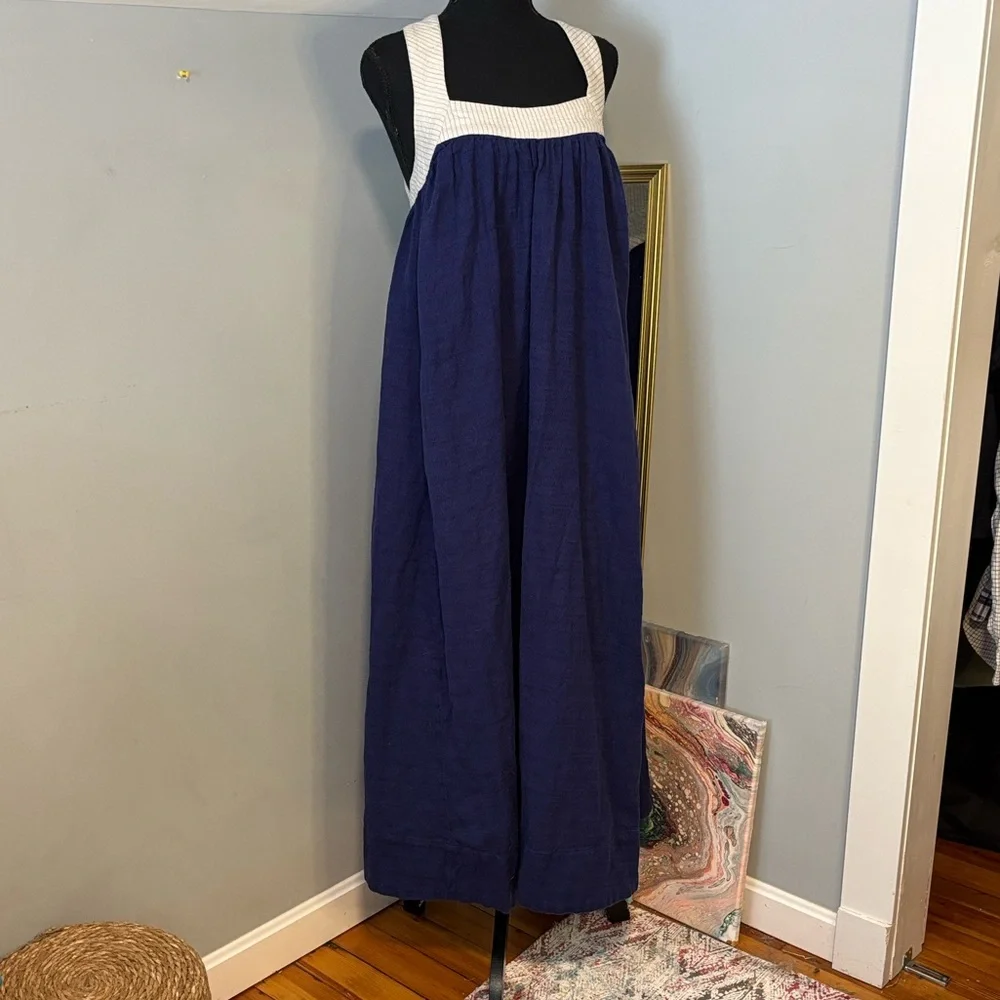 Free People Navy Blue Cotton Linen Striped‎ Bodice Open Back Maxi Dress Small